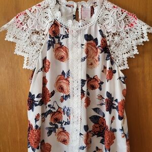 No Boundaries Floral Lace Blouse - White, Red, Blue